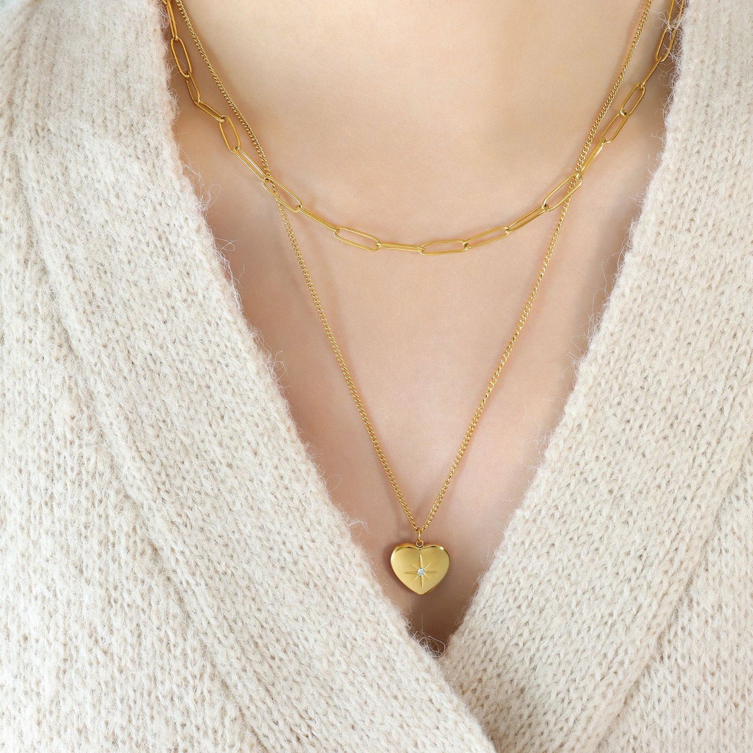 Inlaid Zircon Double Layered Heart Pendant Necklace
