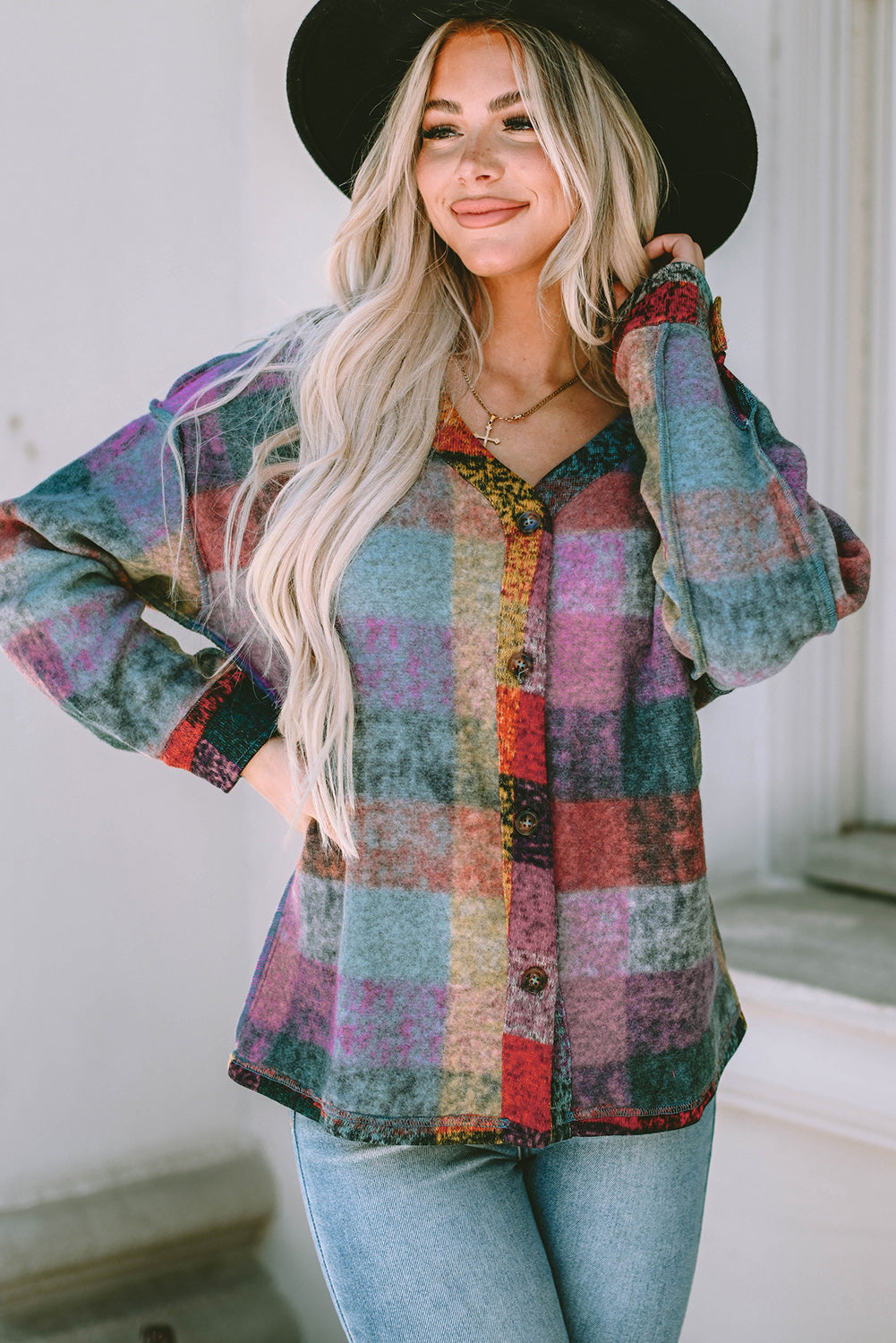 Multicolor Brushed Plaid Pocketed Oversize Shacket