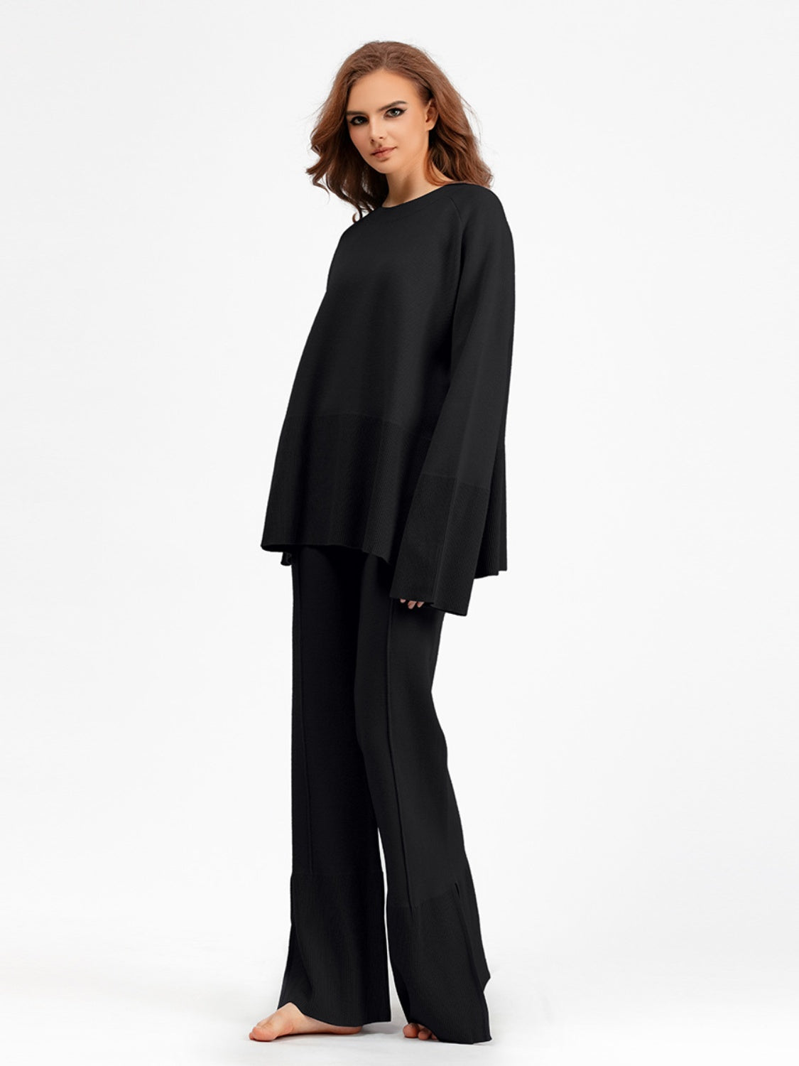 Slit Round Neck Long Sleeve Top and Drawstring Pants Sweater Set