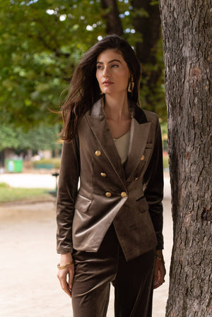 Double-breasted velvet blazer jacket with gold buttons