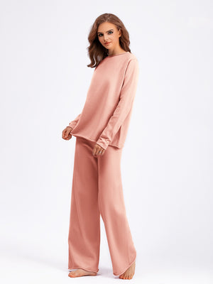 Rolled Round Neck Top and Pants Sweater Set