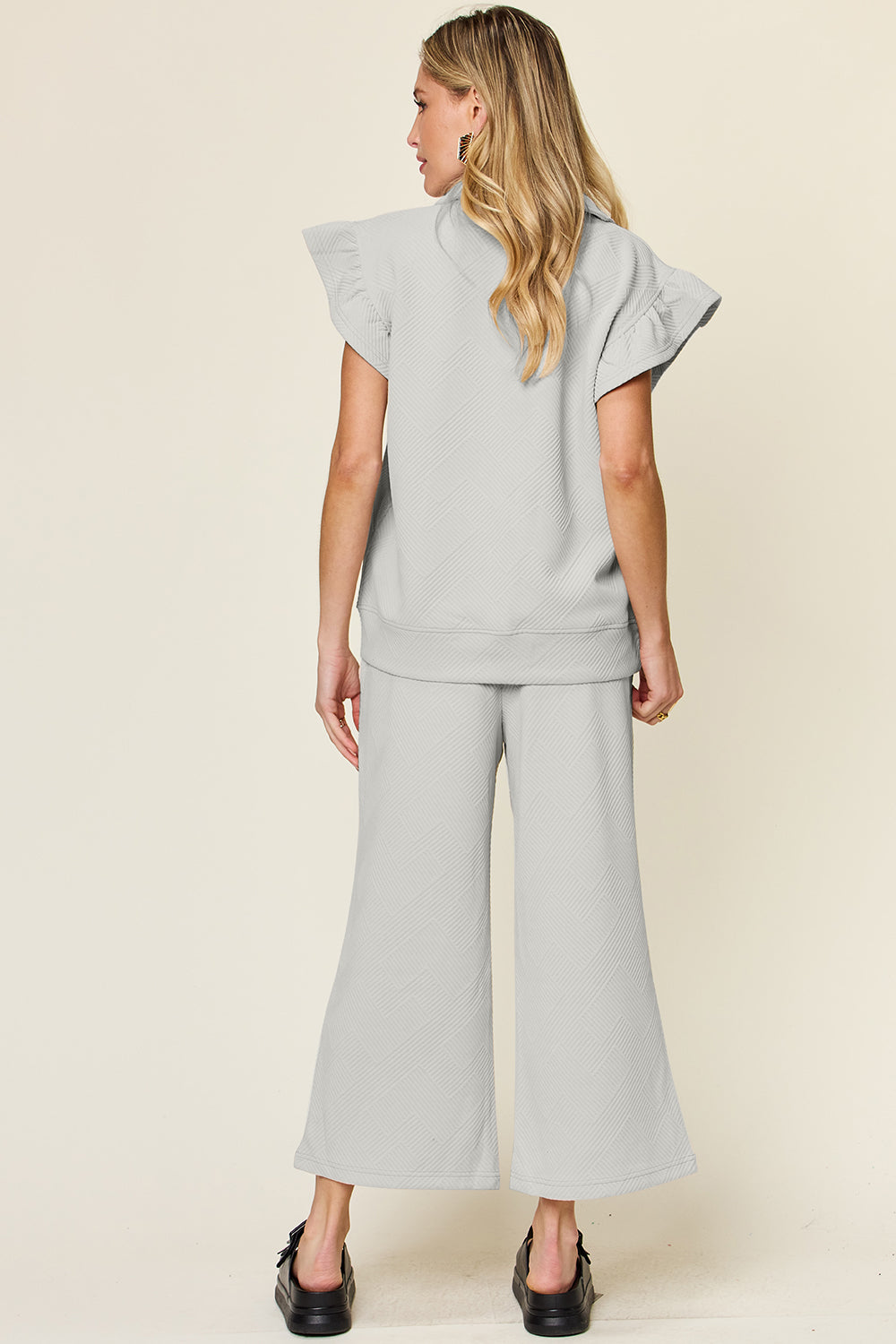 Texture Ruffle Short Sleeve Top and Drawstring Wide Leg Pants Set