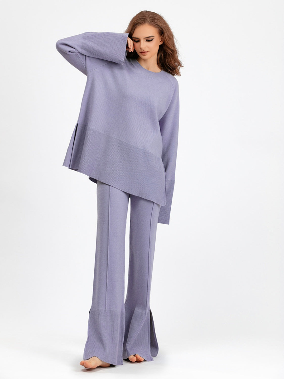 Slit Round Neck Long Sleeve Top and Drawstring Pants Sweater Set