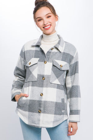Plaid Button Down Jacket with Front Pocket Detail