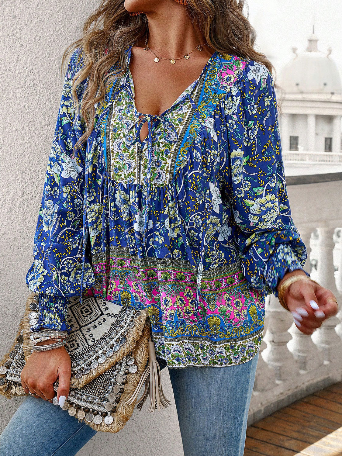 Bohemian Tie Neck Lantern Sleeve Blouse