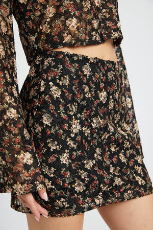 Lace Embroidery Mini Skirt pair with Bell Sleeve Cropped Top