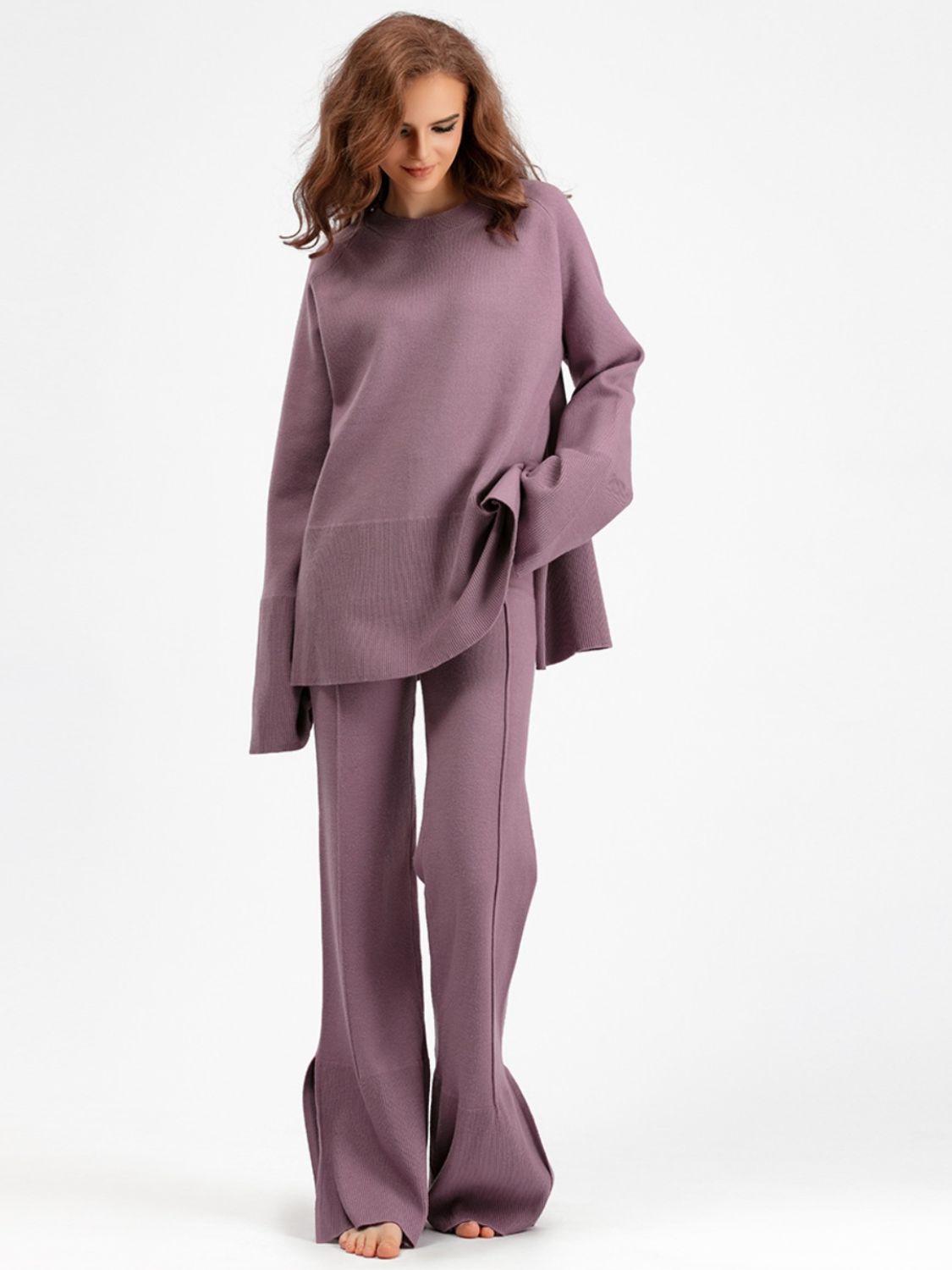 Slit Round Neck Long Sleeve Top and Drawstring Pants Sweater Set