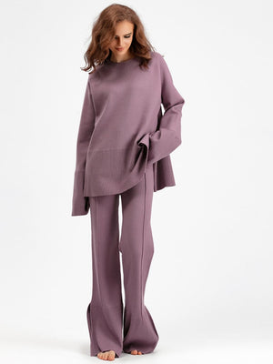 Slit Round Neck Long Sleeve Top and Drawstring Pants Sweater Set