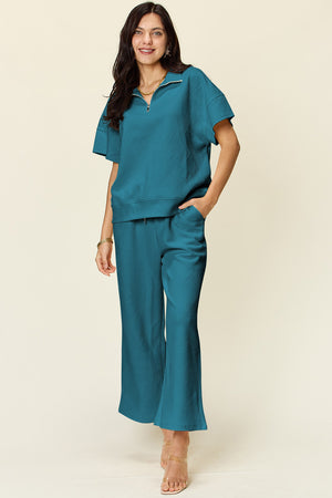 Texture Half Zip Short Sleeve Top and Pants Set