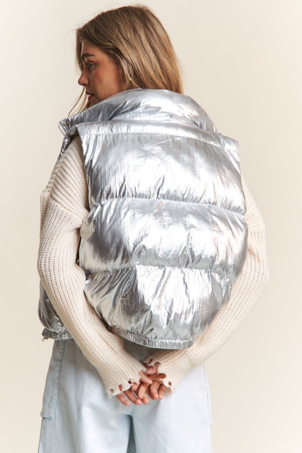 Snap and Zipper Shiny Metallic Puffer Vest