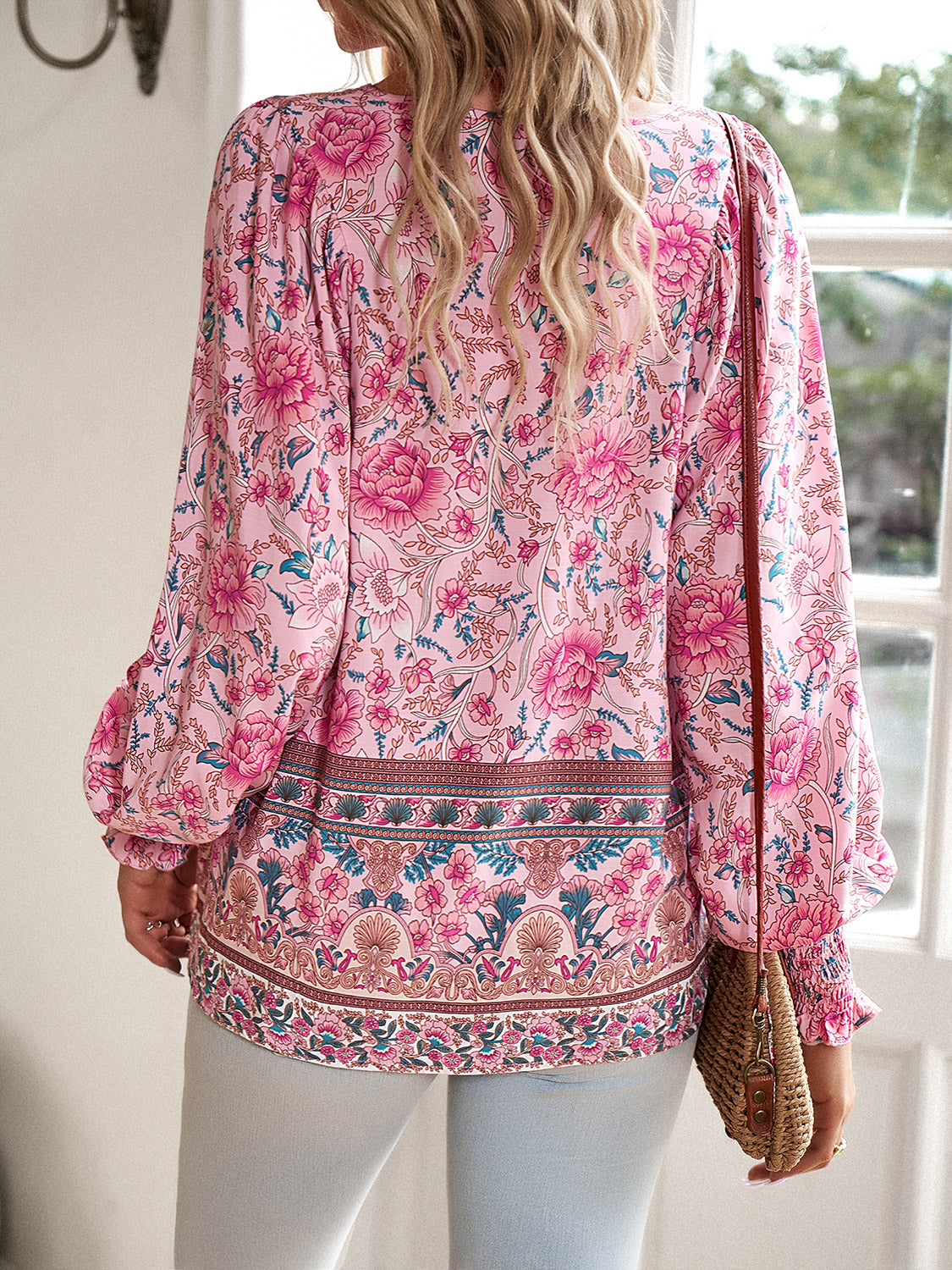 Bohemian Tie Neck Lantern Sleeve Blouse