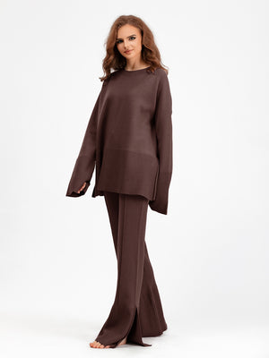 Slit Round Neck Long Sleeve Top and Drawstring Pants Sweater Set