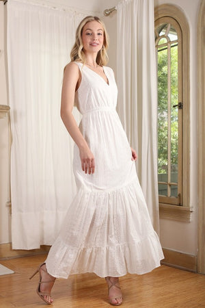 Embroidered white V neckline tiered dress