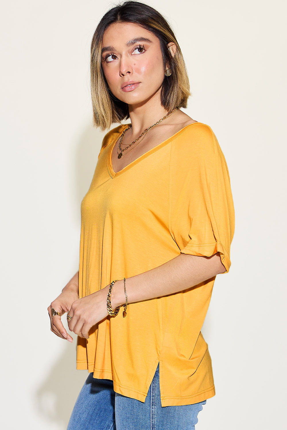 Bamboo Slit V-Neck Short Sleeve T-Shirt