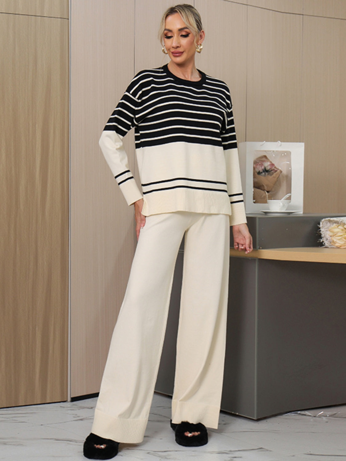 Striped Round Neck Long Sleeve Top and Pants Sweater Set