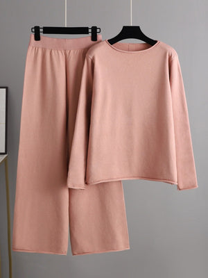 Rolled Round Neck Top and Pants Sweater Set