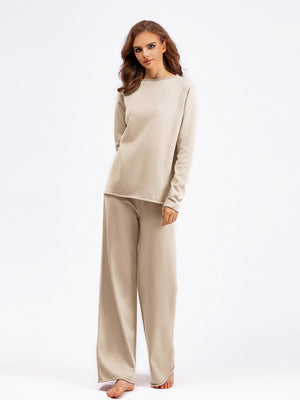 Rolled Round Neck Top and Pants Sweater Set