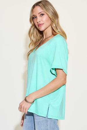 Bamboo Slit V-Neck Short Sleeve T-Shirt