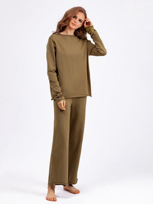 Rolled Round Neck Top and Pants Sweater Set