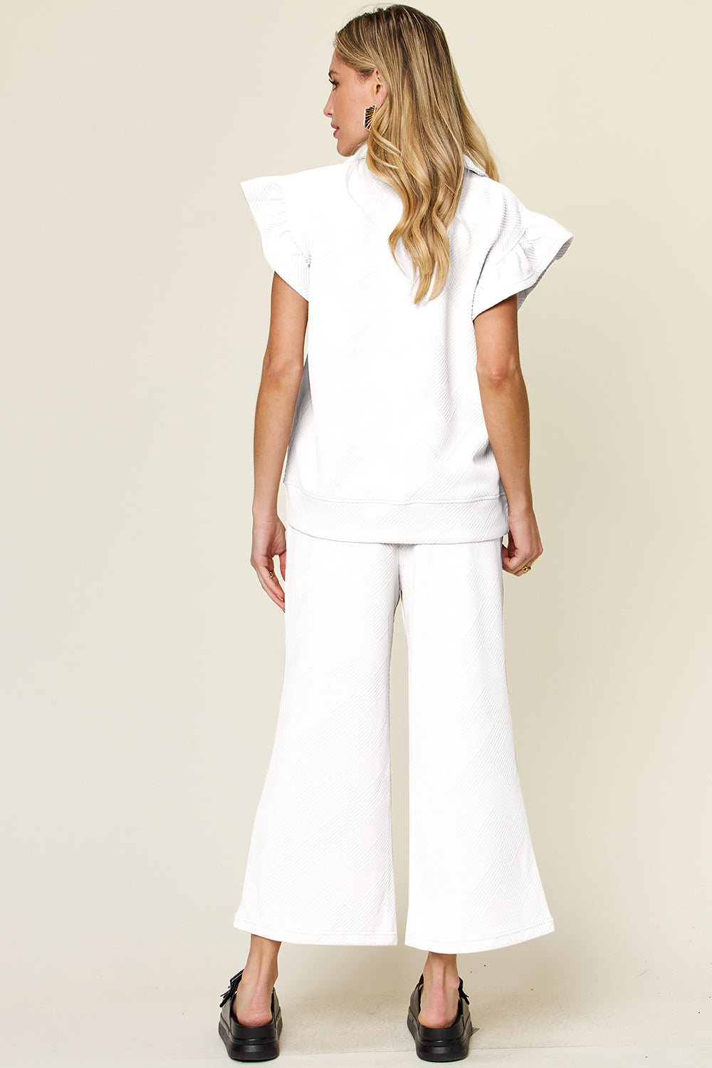 Texture Ruffle Short Sleeve Top and Drawstring Wide Leg Pants Set