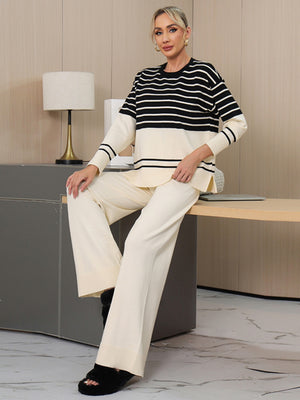 Striped Round Neck Long Sleeve Top and Pants Sweater Set