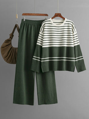 Striped Round Neck Long Sleeve Top and Pants Sweater Set