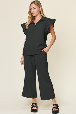 Texture Ruffle Short Sleeve Top and Drawstring Wide Leg Pants Set