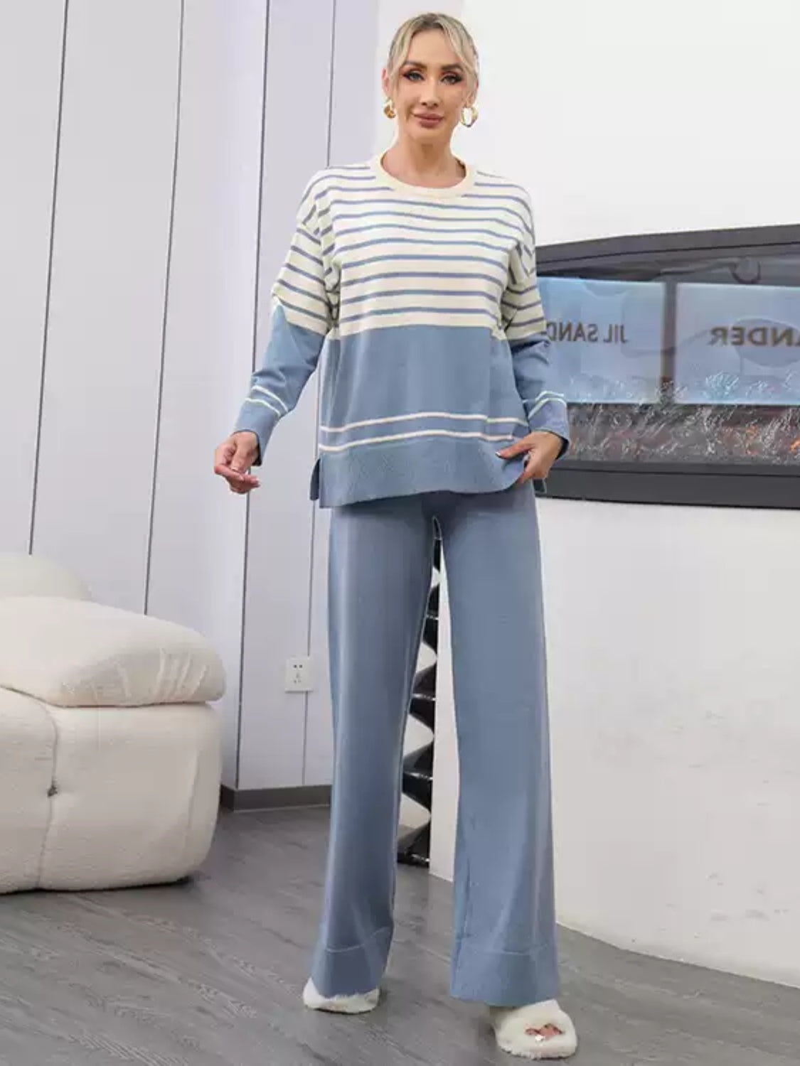 Striped Round Neck Long Sleeve Top and Pants Sweater Set