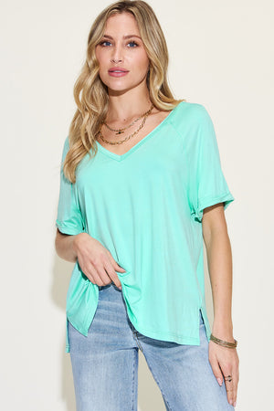 Bamboo Slit V-Neck Short Sleeve T-Shirt