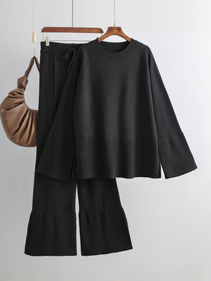 Slit Round Neck Long Sleeve Top and Drawstring Pants Sweater Set