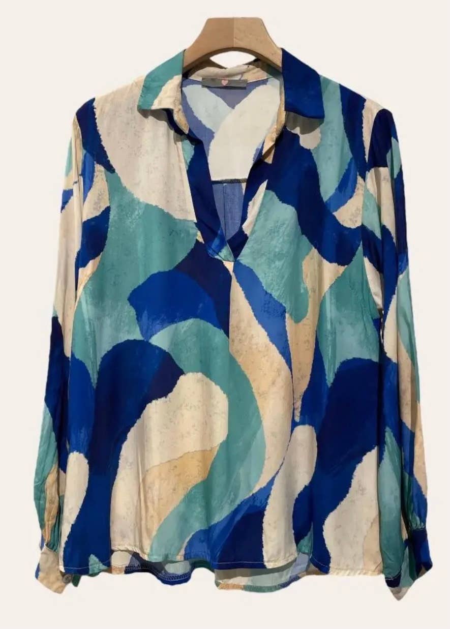 194  One Size Blue Abstract Spring Blouse Shirt LOOWIE