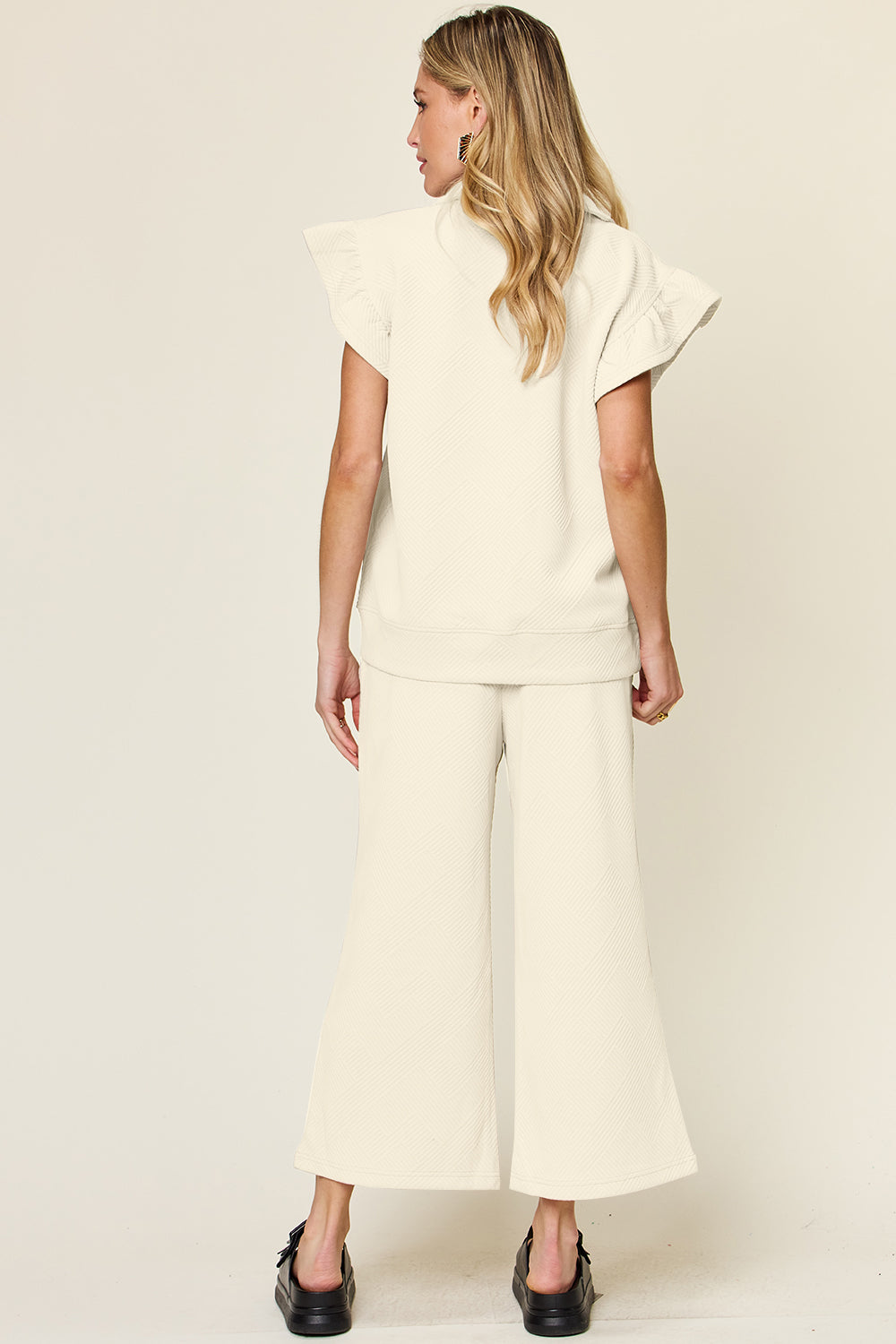 Texture Ruffle Short Sleeve Top and Drawstring Wide Leg Pants Set