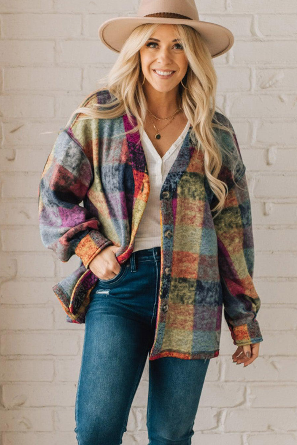 Multicolor Brushed Plaid Pocketed Oversize Shacket