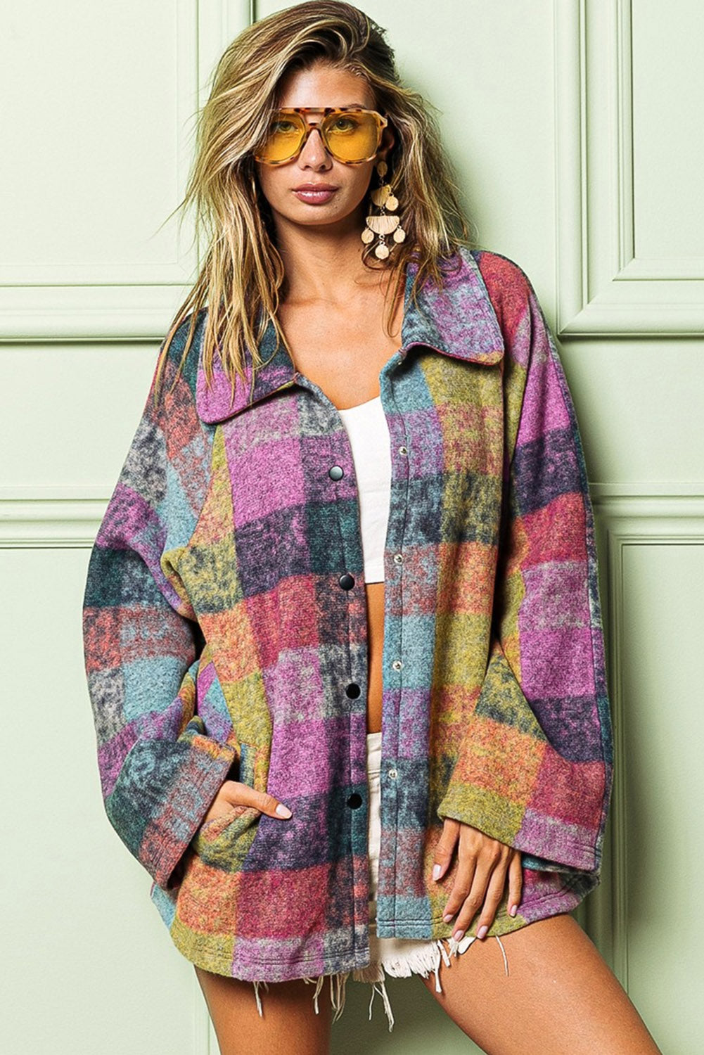 Multicolor Brushed Plaid Pocketed Oversize Shacket