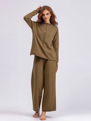 Rolled Round Neck Top and Pants Sweater Set