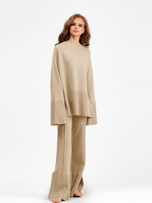 Slit Round Neck Long Sleeve Top and Drawstring Pants Sweater Set