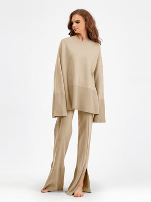 Slit Round Neck Long Sleeve Top and Drawstring Pants Sweater Set