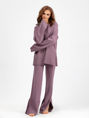 Slit Round Neck Long Sleeve Top and Drawstring Pants Sweater Set