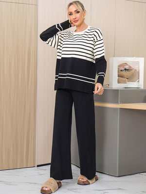 Striped Round Neck Long Sleeve Top and Pants Sweater Set