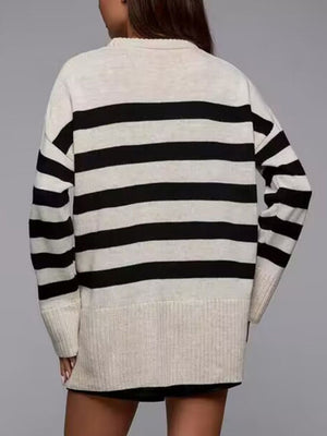 Slit Striped Round Neck Sweater