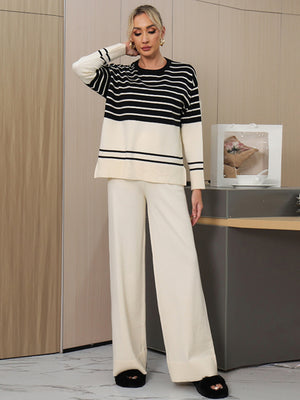 Striped Round Neck Long Sleeve Top and Pants Sweater Set