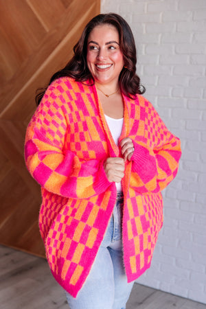 Noticed in Neon Checkered Cardigan in Pink and Orange