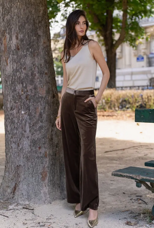 Straight Cut High Waist Velvet Pants - Taupe