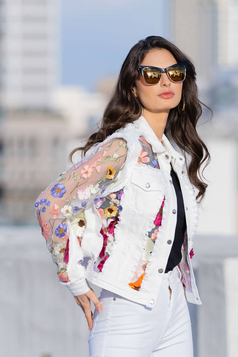 White Denim Jacket with Floral Embroidery
