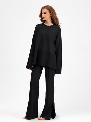 Slit Round Neck Long Sleeve Top and Drawstring Pants Sweater Set