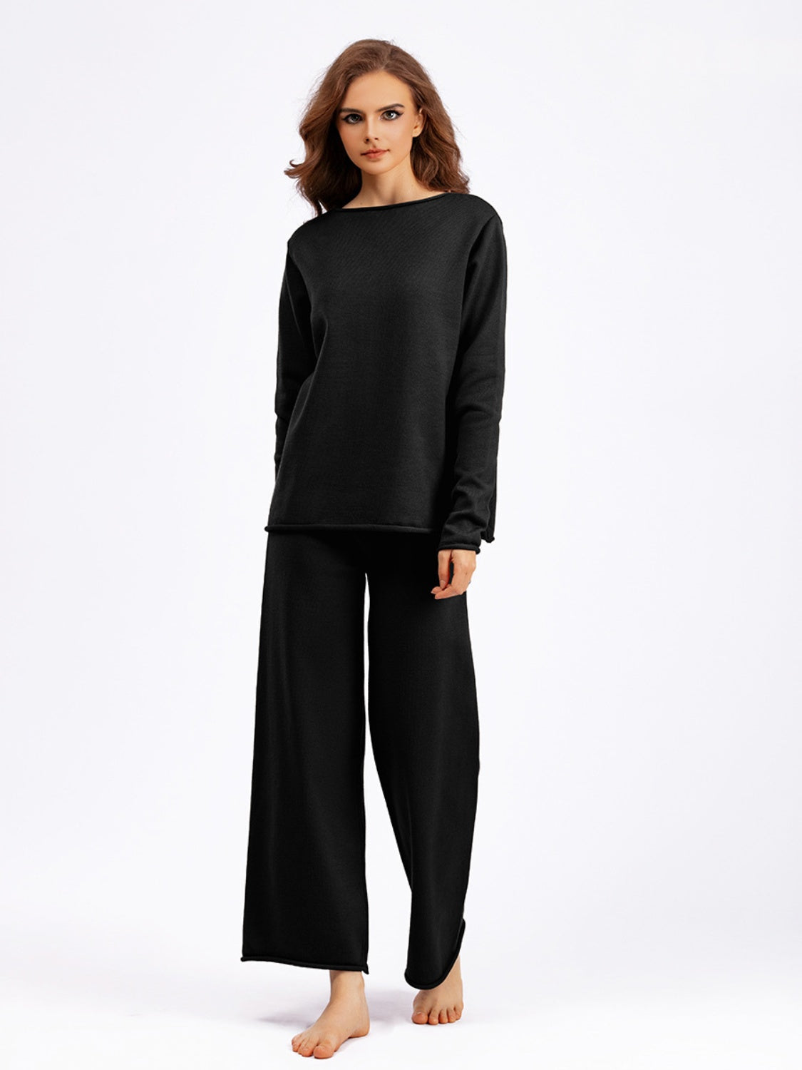 Rolled Round Neck Top and Pants Sweater Set