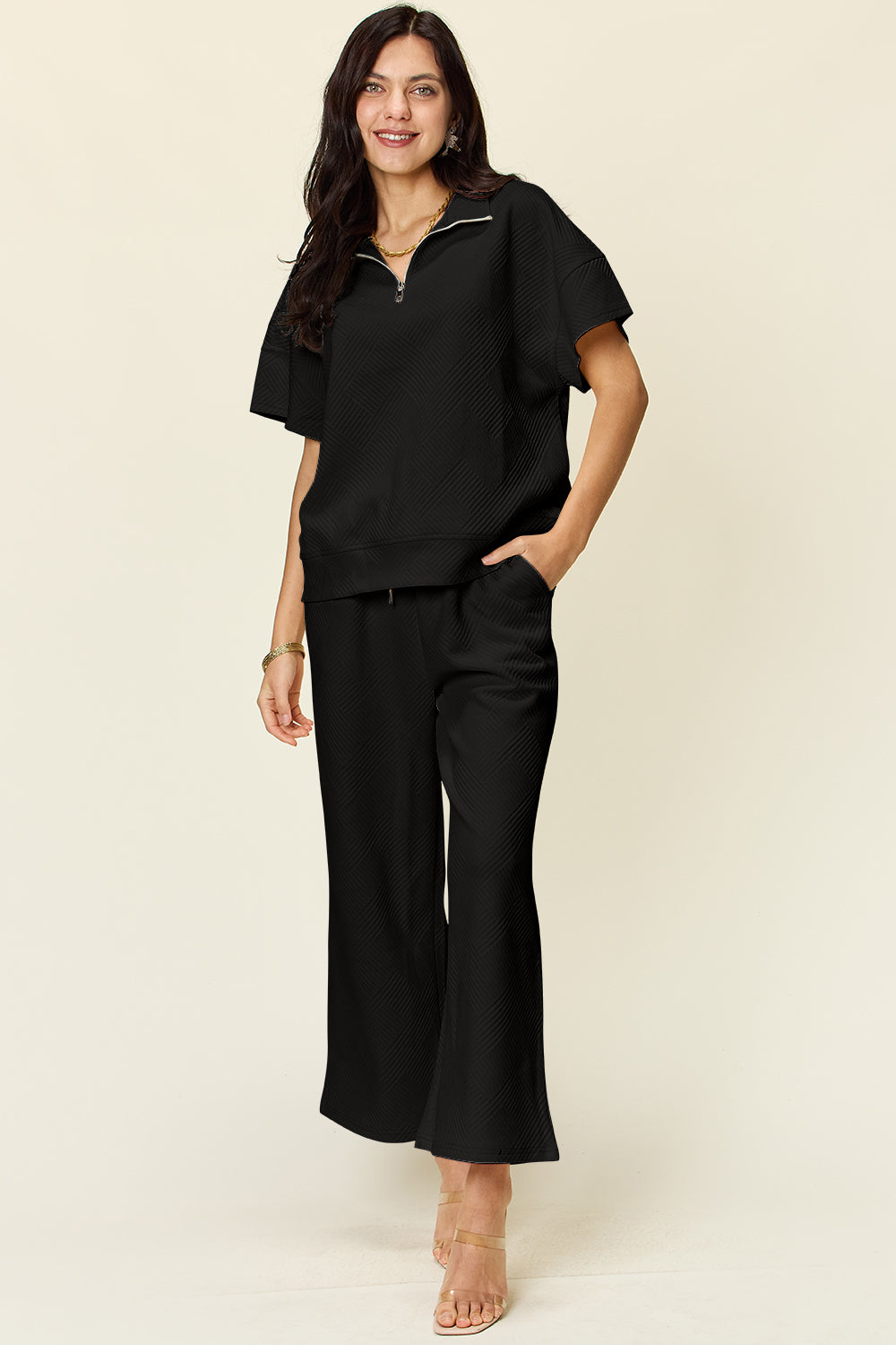 Texture Half Zip Short Sleeve Top and Pants Set