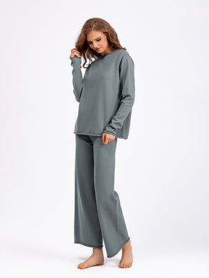 Rolled Round Neck Top and Pants Sweater Set