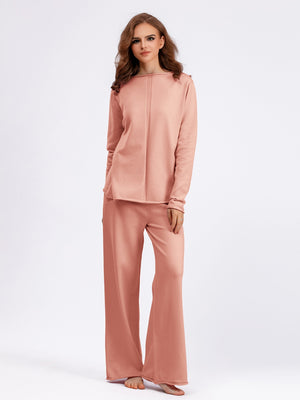 Rolled Round Neck Top and Pants Sweater Set