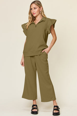 Texture Ruffle Short Sleeve Top and Drawstring Wide Leg Pants Set